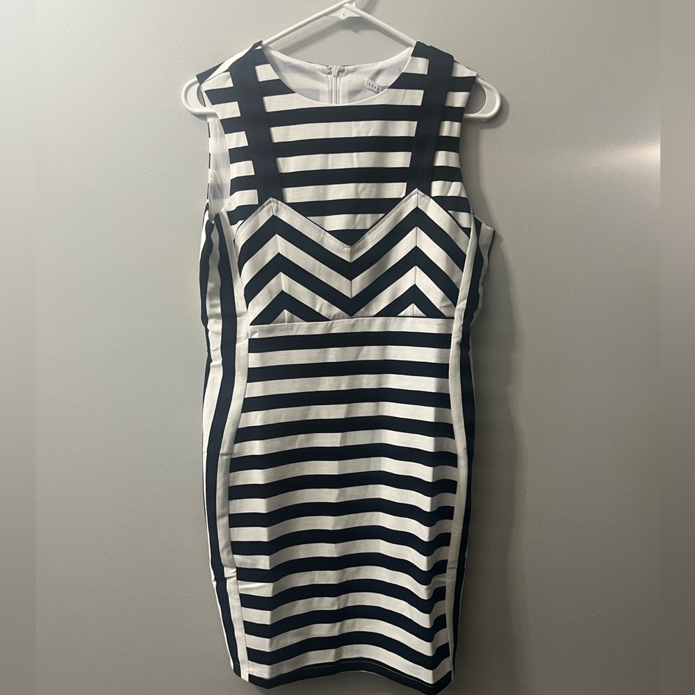 English Factory black and white striped‎ fitted dress NWT